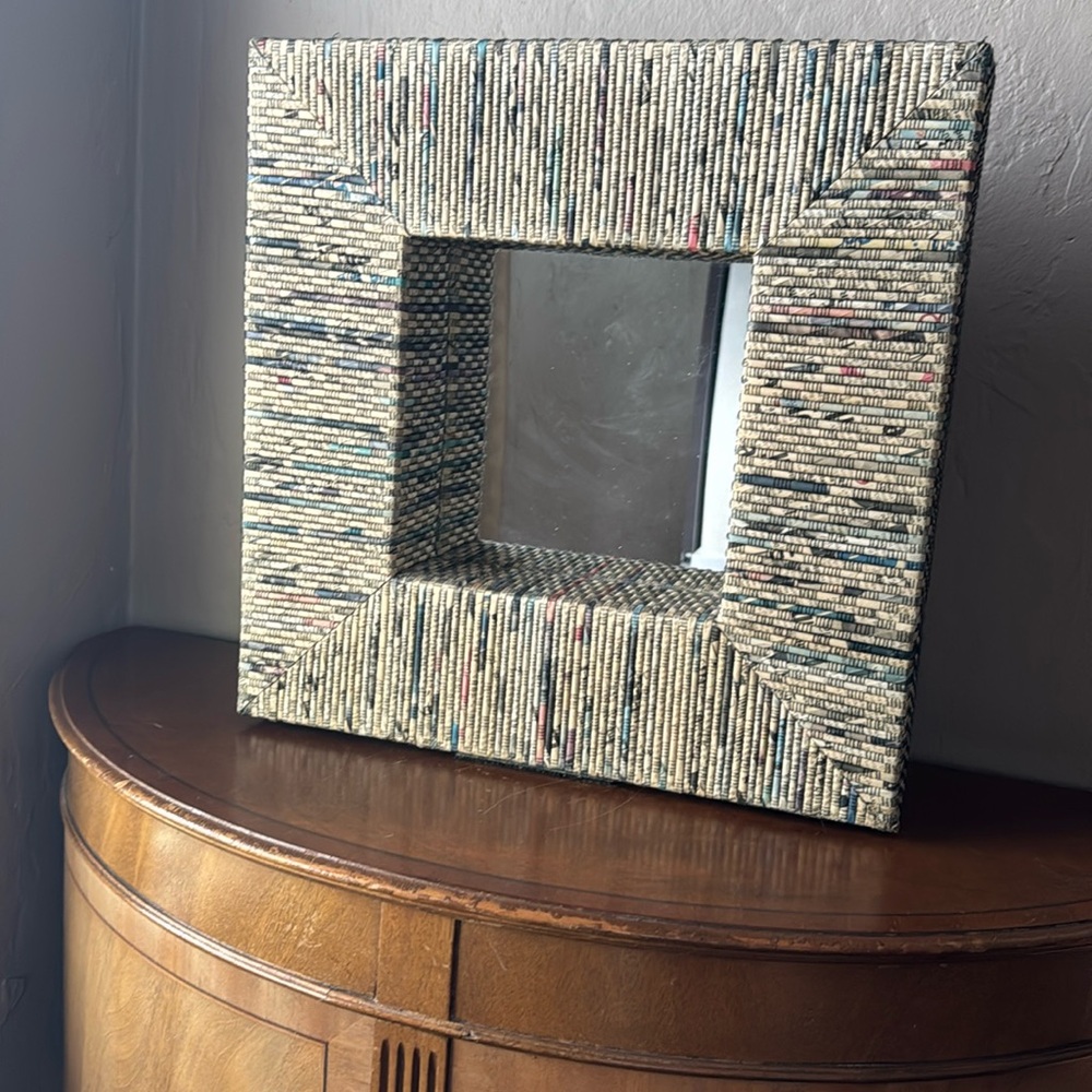 Wall Hanging Mounted Mirror with Rolled Paper Magazine Frame 16" Square